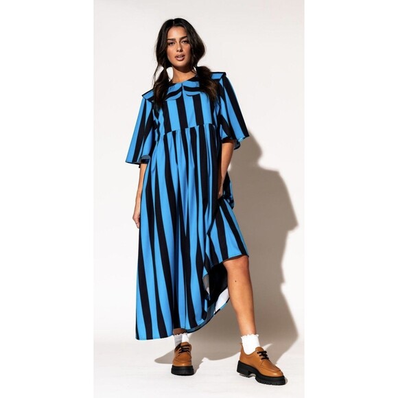 Dressed In Lala Neverland Dress Blue Stripe Maxi Oversized Sz. Medium (K09) - Picture 1 of 6